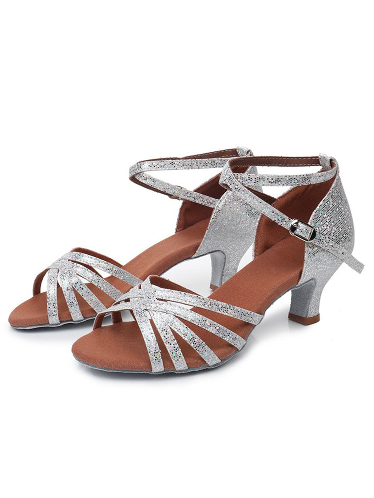 Women's Dancewear Shoes Buckle Low Heel Open Toe Glitter Latin Dance Shoes