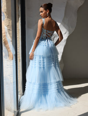 A-Line/Princess Prom Dress Short Sleeves Tulle Layered Formal Gowns Long Dresses With Split Side Appliques