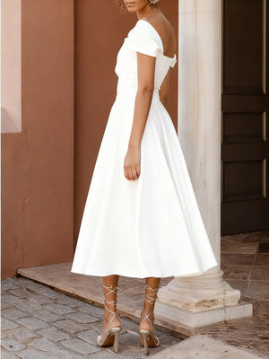 A-Line/Princess Little White Dresses For Formal/Wedding Dresses Off-The-Shoulder Sleeveless Tea-Length Stretch Crepe Cocktail Dress With Ruched