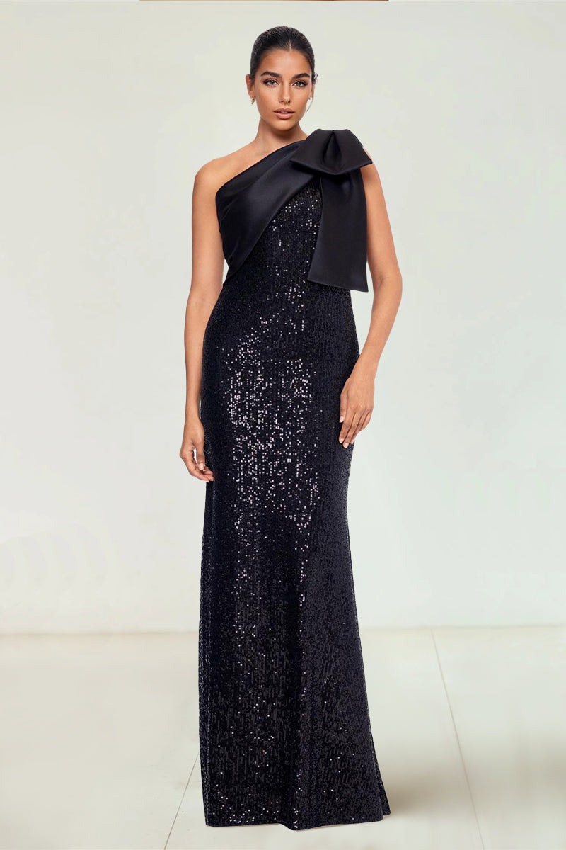 Sheath/Column Sequin & Satin Bow One-Shoulder Sleeveless Floor-Length Evening Dresses