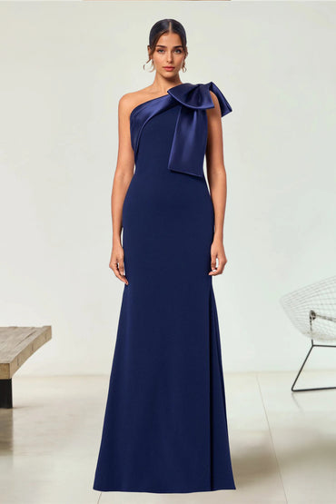 Sheath/Column Stretch Crepe & Satin Bow One-Shoulder Sleeveless Floor-Length Evening/Wedding Guest Dresses