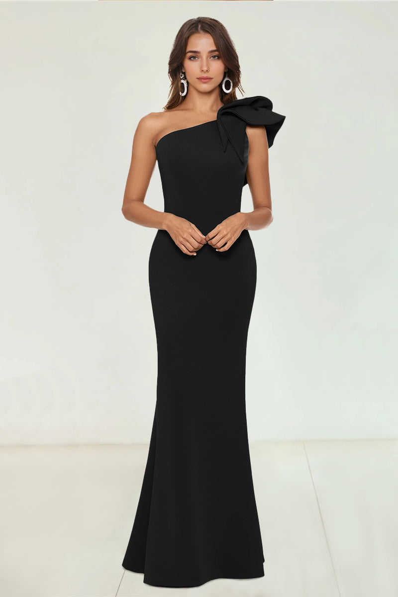 Sheath/Column Satin Evening Dress One-Shoulder With Ruffle Sleeveless Floor-Length Wedding Guest Dresses