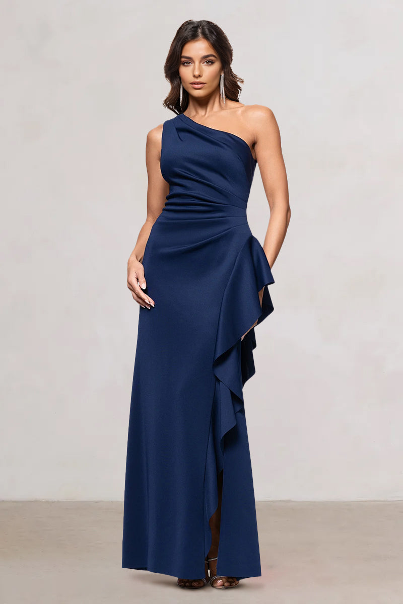 Sheath/Column Satin One-Shoulder Sleeveless Floor-Length Evening/Wedding Guest Dresses With Side Slit & Ruffle