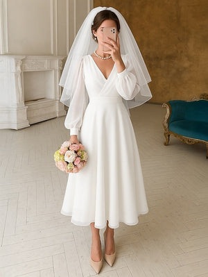 A-Line/Princess Little White Dresses For Formal/Wedding Dresses V-Neck Long Sleeves Ankle-Length Chiffon Daily Dresses With Pleats&Back Zipper