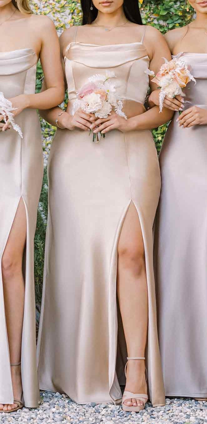 Sheath/Column Satin Off-the-Shoulder Sleeveless Floor-length Long Bridesmaid Dresses With Split Side