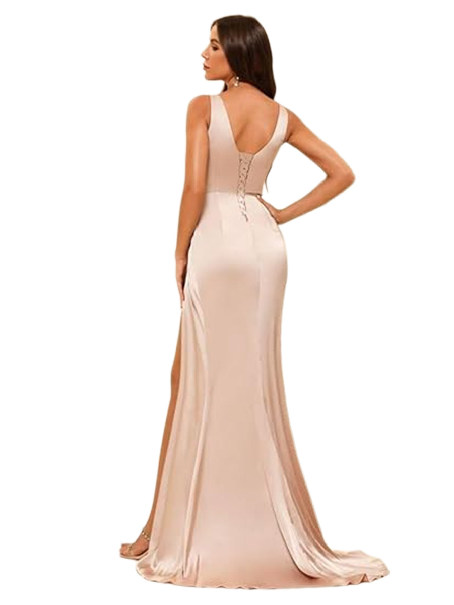 A Line/Princess V Neck Sleeveless Floor-Length Bridesmaid Dresses with Split