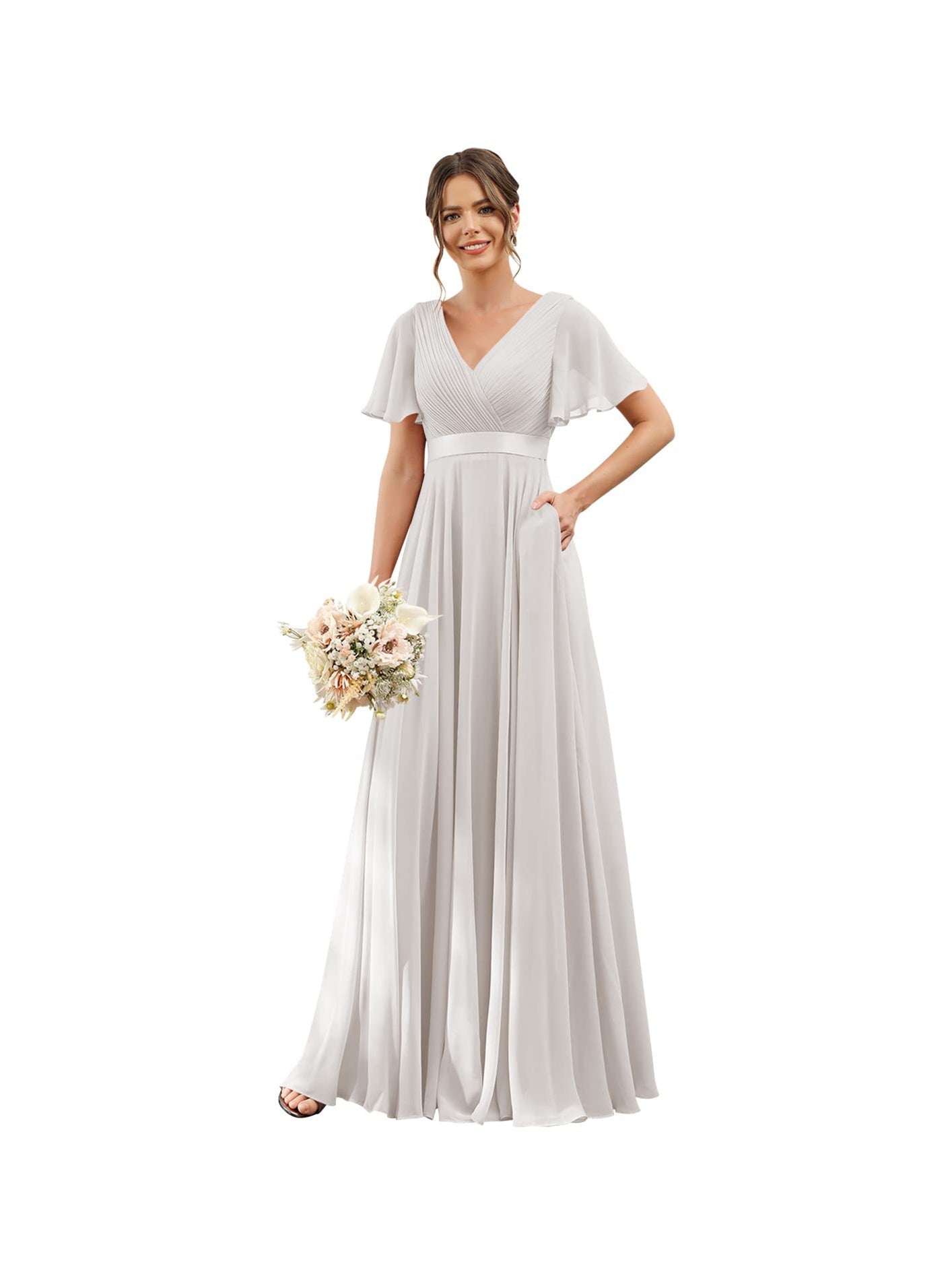 A-Line V Neck Flutter Sleeves Floor Length Bridesmaid Dresses Chiffon with Pockets Ruched