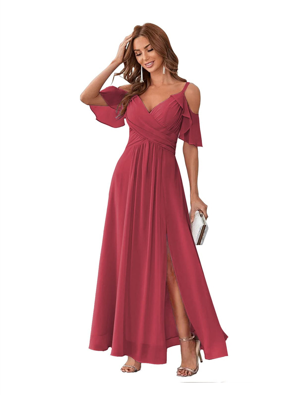 A-Line/Princess V Neck Short Sleeve Spaghetti Straps Ankle Length Bridesmaid Dresses Chiffon with Ruffles Bow(s)