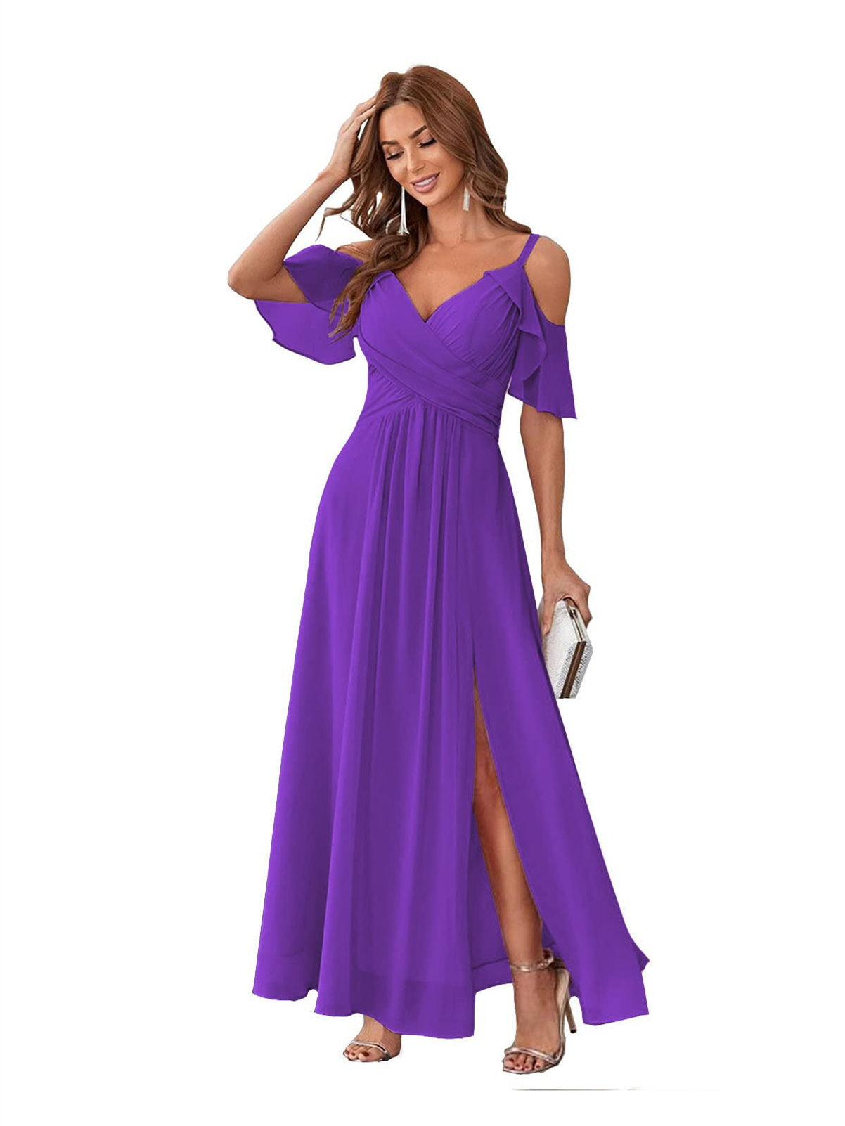 A-Line/Princess V Neck Short Sleeve Spaghetti Straps Ankle Length Bridesmaid Dresses Chiffon with Ruffles Bow(s)