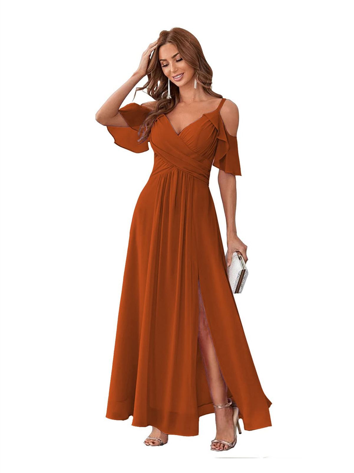 A-Line/Princess V Neck Short Sleeve Spaghetti Straps Ankle Length Bridesmaid Dresses Chiffon with Ruffles Bow(s)