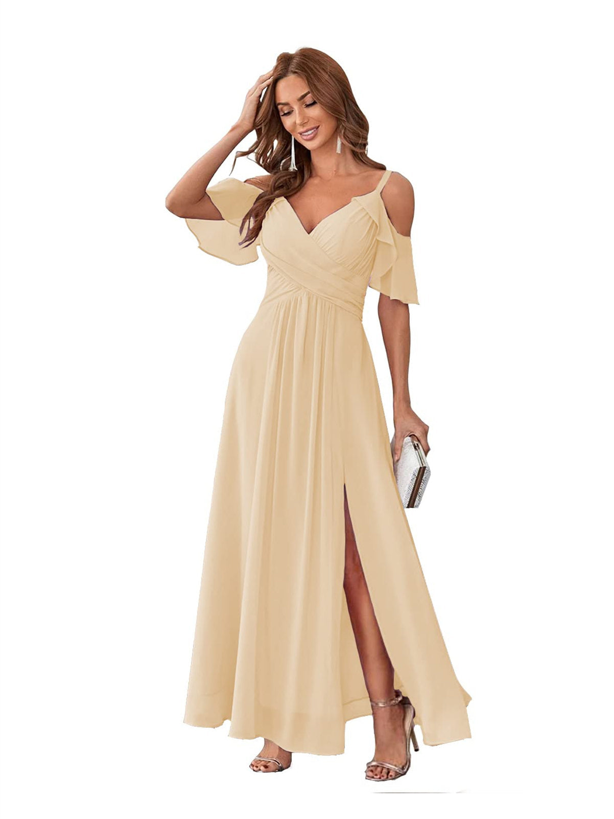 A-Line/Princess V Neck Short Sleeve Spaghetti Straps Ankle Length Bridesmaid Dresses Chiffon with Ruffles Bow(s)