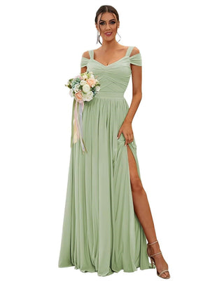 A-Line/Princess Off-the-shoulder Sleeveless Floor Length Bridesmaid Dresses Chiffon with Ruffles