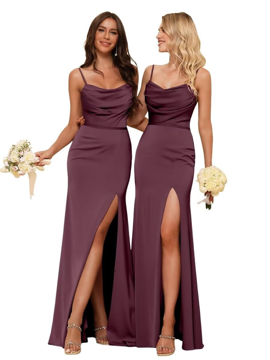 Sheath/Column Spaghetti Straps Sleeveless Floor Length Bridesmaid Dresses Satin with Ruffles Split