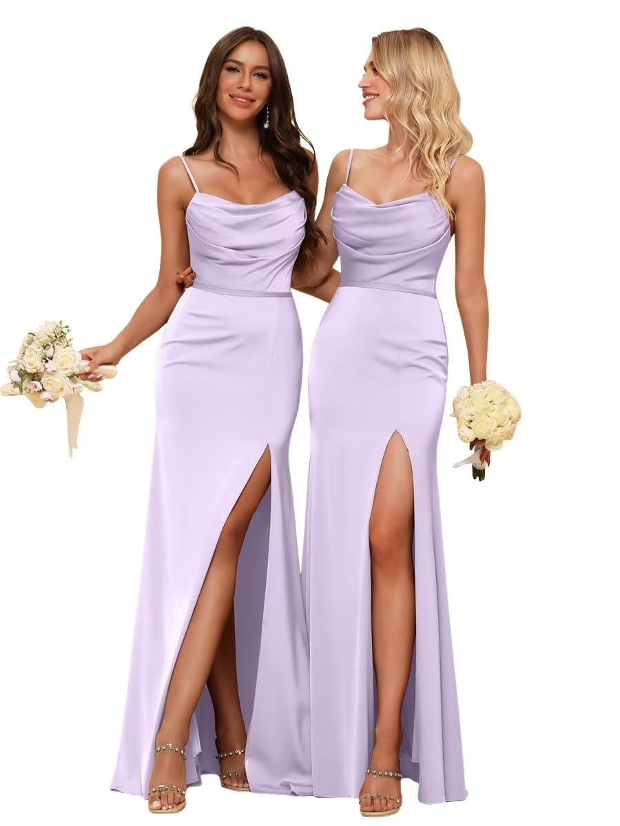 Sheath/Column Spaghetti Straps Sleeveless Floor Length Bridesmaid Dresses Satin with Ruffles Split