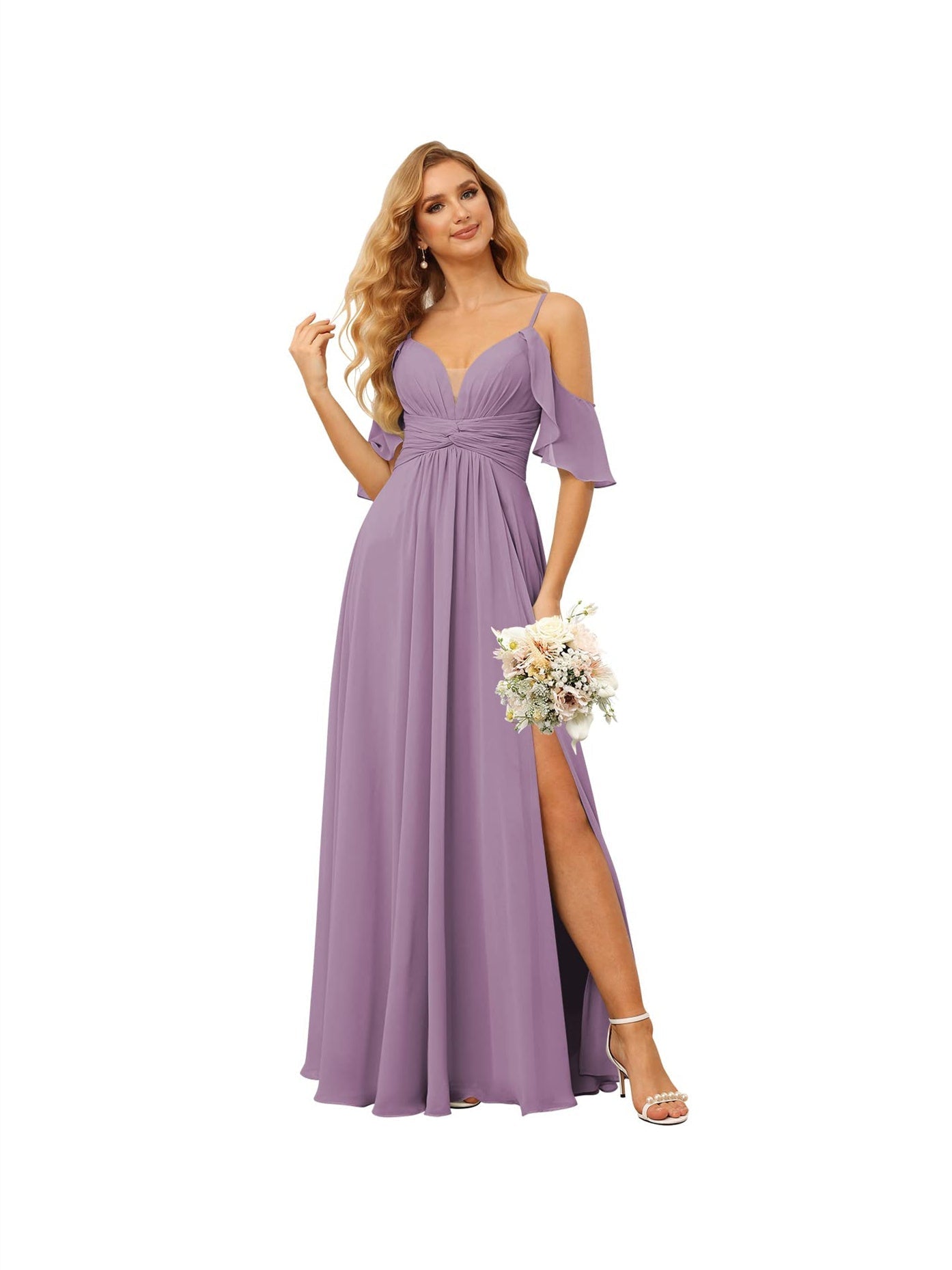 A-Line/Princess Spaghetti Straps Sleeveless Floor Length Bridesmaid Dresses Chiffon with Ruffles Split