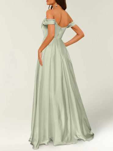 A Line/Princess Satin Off-the-shoulder Sleeveless Floor-Length Bridesmaid Dresses