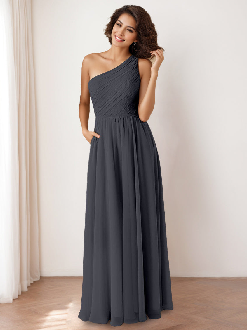 A Line/Princess One-Shoulder Sleeveless Floor-Length Bridesmaid Dresse – Nafori