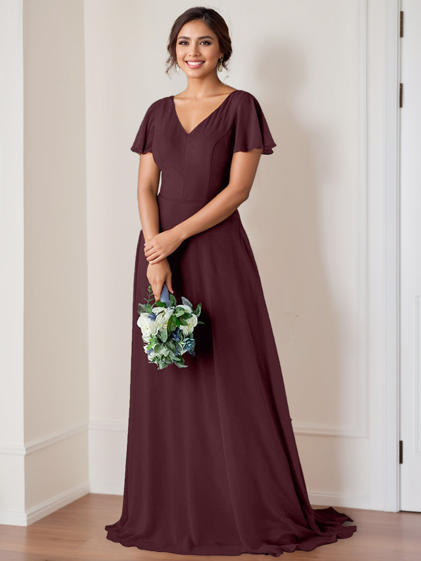 A-Line/Princess V-Neck Flutter Sleeves Floor-Length Bridesmaid Dresses with Ruching