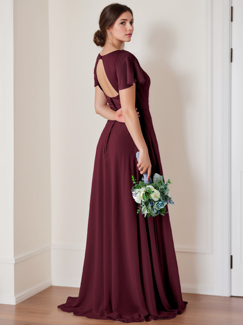 A-Line/Princess V-Neck Flutter Sleeves Floor-Length Bridesmaid Dresses with Ruching