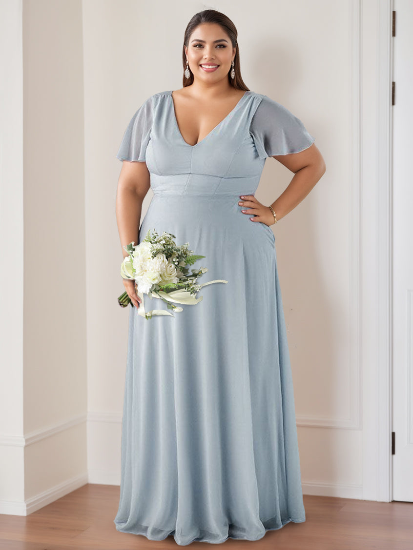 A-Line/Princess V-Neck Flutter Sleeves Floor-Length Bridesmaid Dresses with Ruching