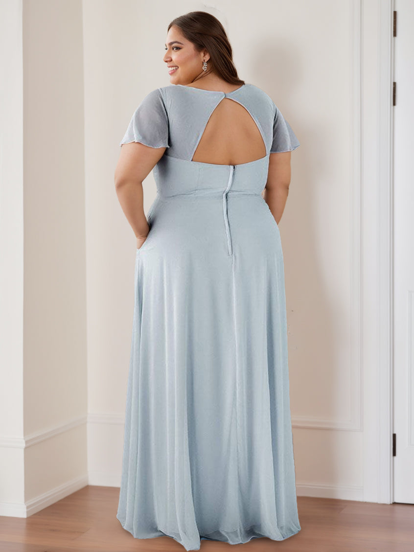 A-Line/Princess V-Neck Flutter Sleeves Floor-Length Bridesmaid Dresses with Ruching