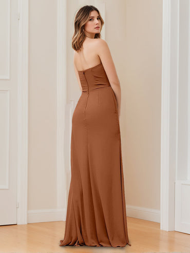 A Line/Princess Strapless Neck Sleeveless Floor-Length Bridesmaid Dresses with Split Side & Ruffles