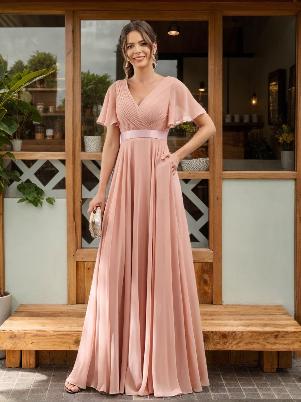 Nafori Aqua Blue A-Line/Princess V-Neck Short Sleeves Chiffon Bridesmaid Dresses with Pockets 2026