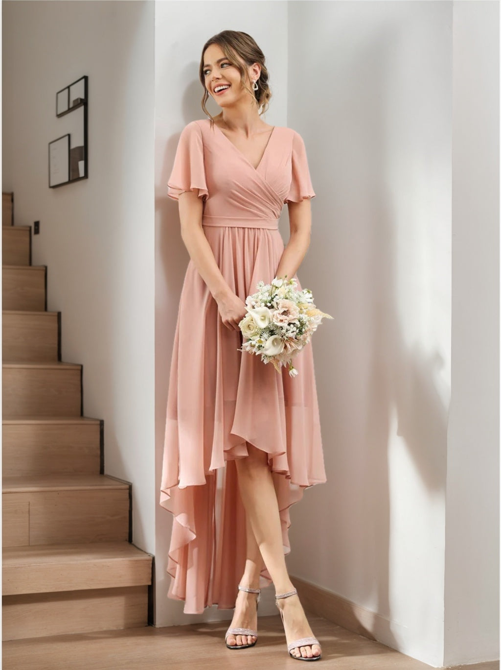 Nafori Peacock A-Line/Princess V-Neck Short Sleeves Asymmetrical Chiffon Bridesmaid Dresses with Ruched 2026