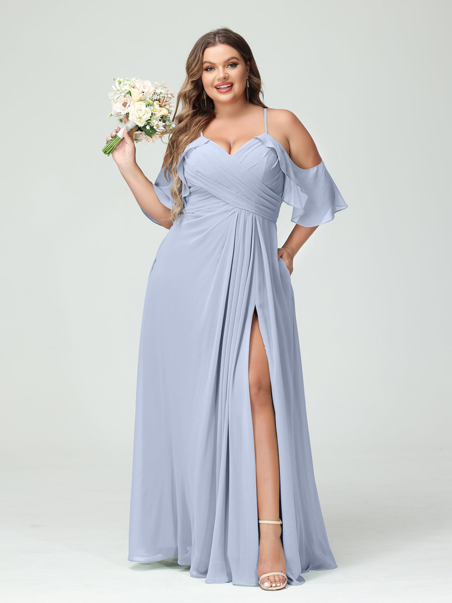 A-Line/Princess Spaghetti Straps Short Sleeves Chiffon Plus Size Bridesmaid Dresses with Pockets,Ruched Split Side