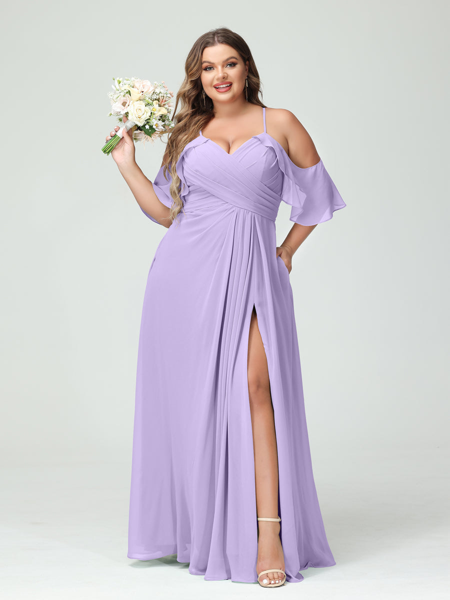 A-Line/Princess Spaghetti Straps Short Sleeves Chiffon Plus Size Bridesmaid Dresses with Pockets,Ruched Split Side