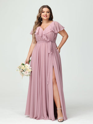 A-Line/Princess V-Neck Short Sleeves Chiffon Plus Size Bridesmaid Dresses With Pockets,Ruffles ,Ruched & Split Side