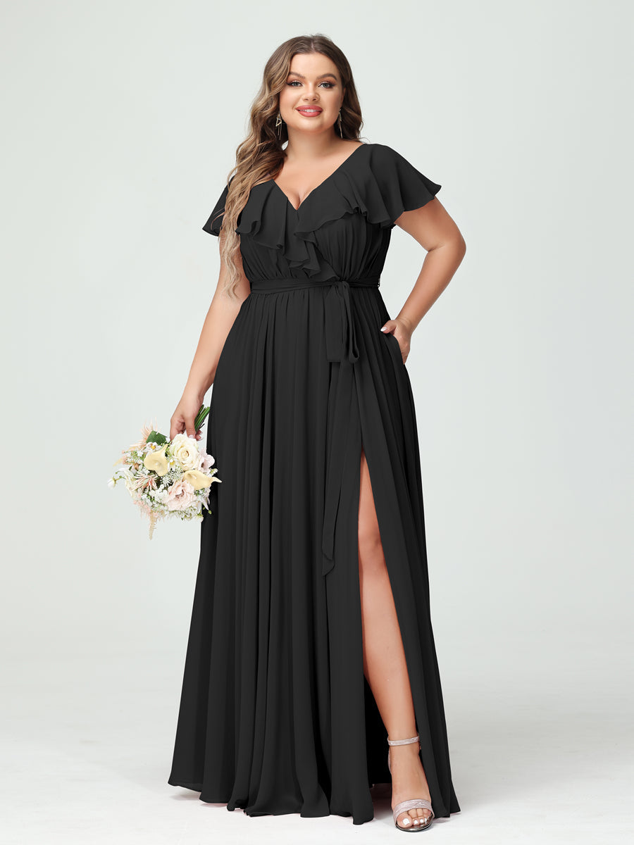 A-Line/Princess V-Neck Short Sleeves Chiffon Plus Size Bridesmaid Dresses With Pockets,Ruffles ,Ruched & Split Side