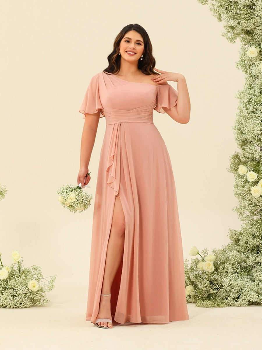 Nafori Peach A-Line/Princess One-Shoulder Floor-Length Split Side Plus Size Bridesmaid Dresses 2026