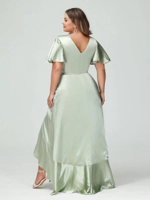 Sheath/Column V-Neck Short Sleeves Ruffles Asymmetrical Plus Size Dresses with Pockets & Sash