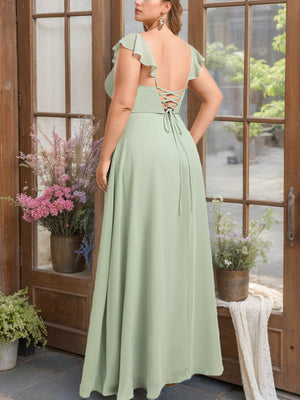 A-Line/Princess V-Neck Sleeveless Floor-Length Plus Size Bridesmaid Dresses with Ruffles