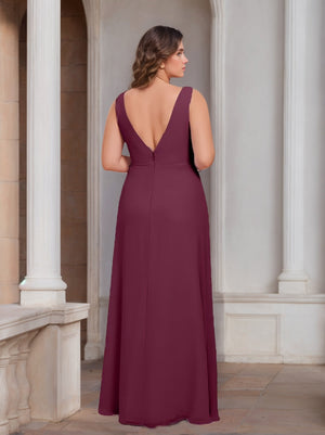 A-Line/Princess V-Neck Sleeveless Chiffon Plus Size Bridesmaid Dresses with Ruffles & Split Side