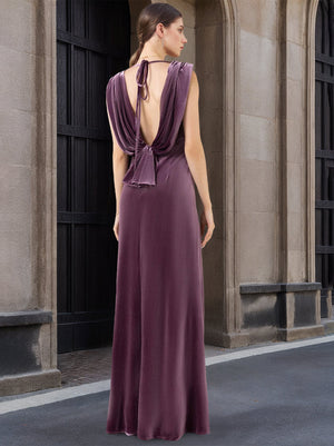 A Line/Princess V-Neck Sleeveless Floor-Length Velvet Bridesmaid Dresses with Ruffles