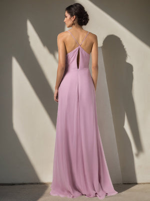 A Line/Princess Chiffon Spaghetti Straps Sleeveless Floor-Length Bridesmaid Dresses with Split Side