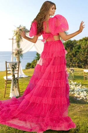 A-Line/Princess Long Prom Dresses Tulle Square Neck Short Sleeves Floor-length Two-Pieces With Sequins&Side Split