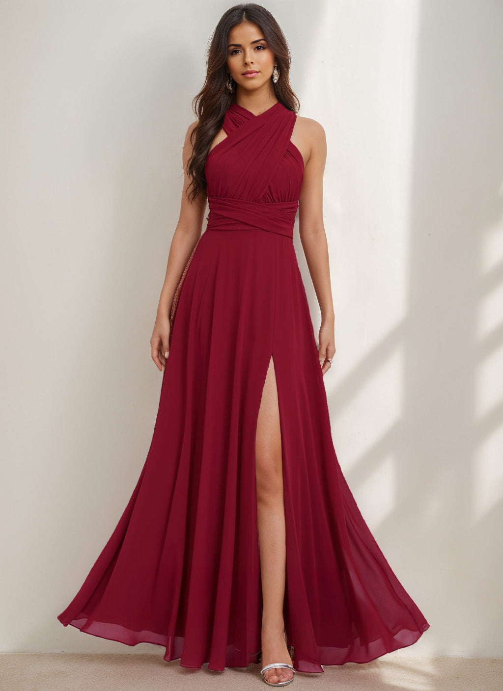 A-Line/Princess Halter One Shoulder V-Neck Floor-Length Chiffon Bridesmaid Dress