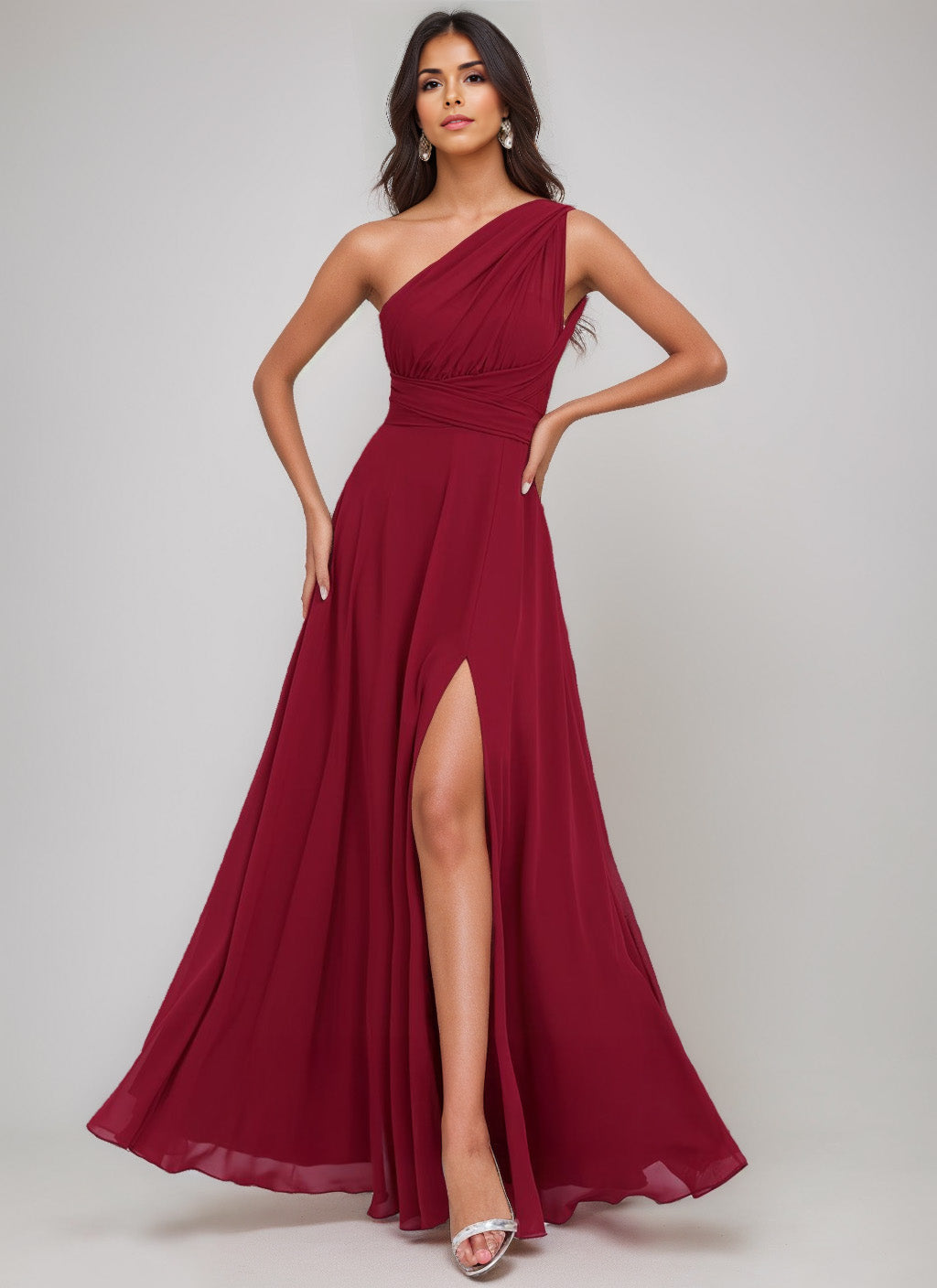 A-Line/Princess Halter One Shoulder V-Neck Floor-Length Chiffon Bridesmaid Dress
