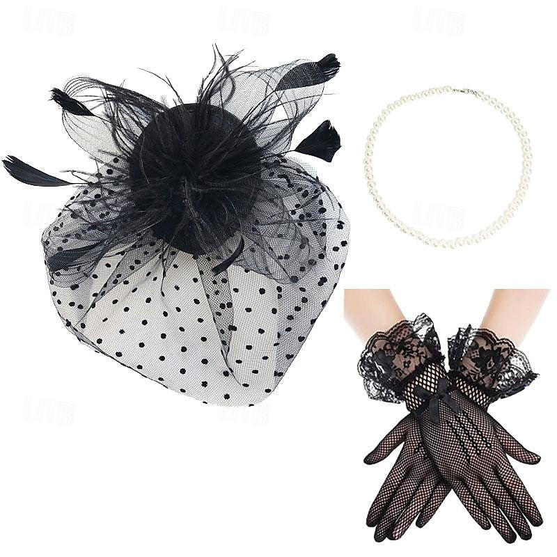 Vintage 1950s Tiara Gloves Necklace Accessories Set
