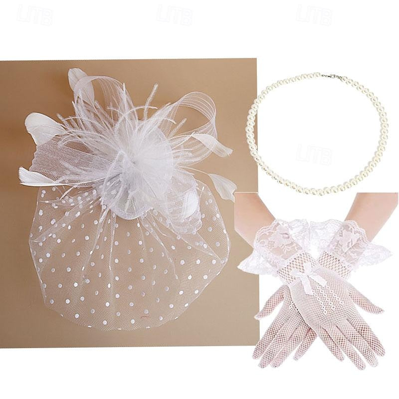 Vintage 1950s Tiara Gloves Necklace Accessories Set