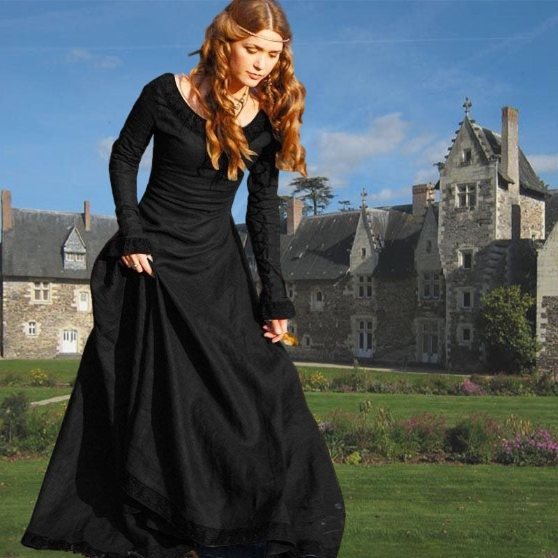 Retro Vintage Medieval A-Line/Princess Round Neck Long Sleeves Floor-Length Viking Halloween Performance Evening & Prom Dress