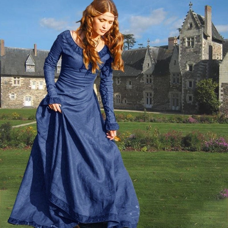 Retro Vintage Medieval A-Line/Princess Round Neck Long Sleeves Floor-Length Viking Halloween Performance Evening & Prom Dress
