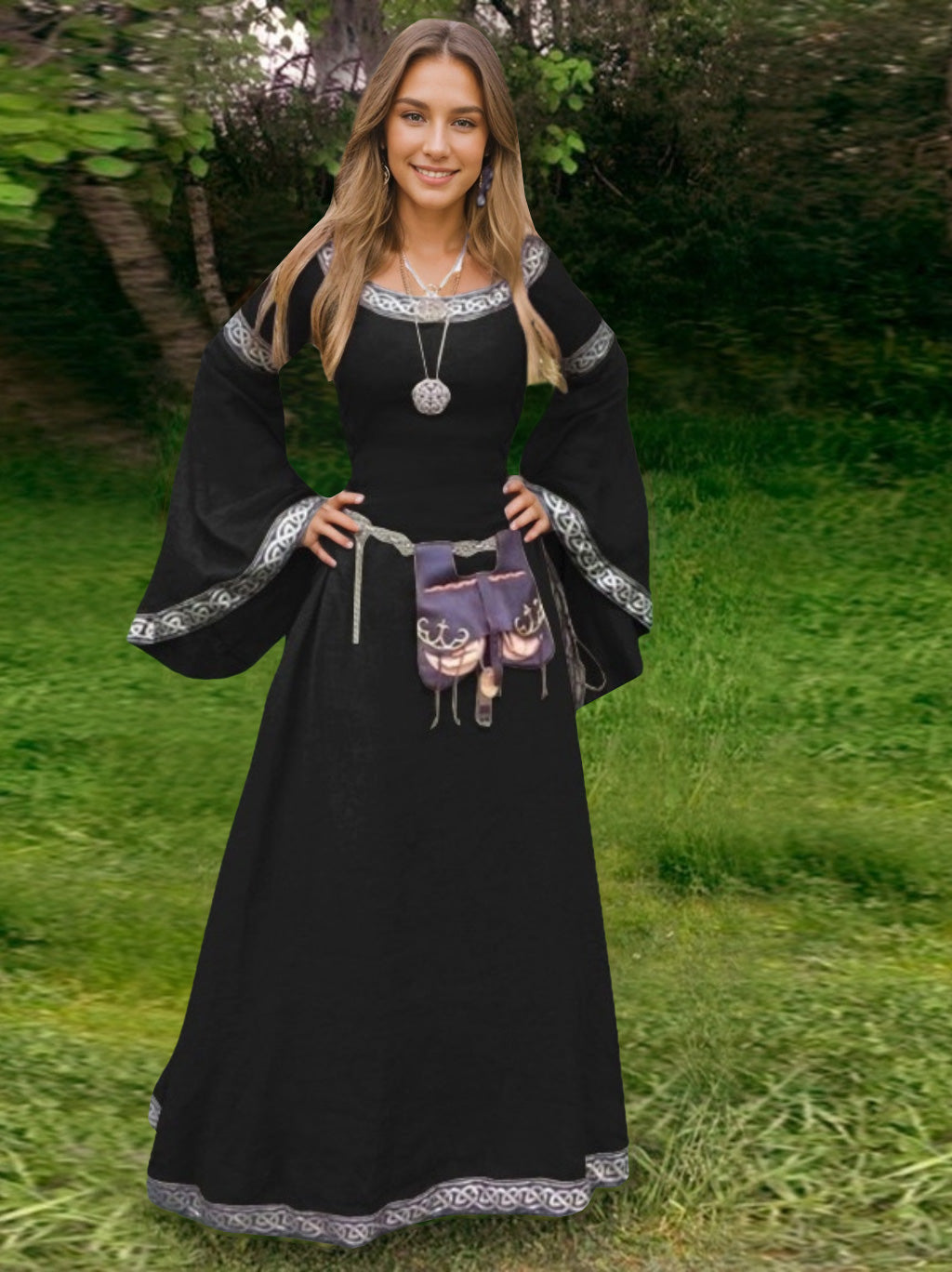 A-Line/Princess Round Neck Long Sleeves Floor-Length Medieval Vintage Cosplay Cocktail Dress