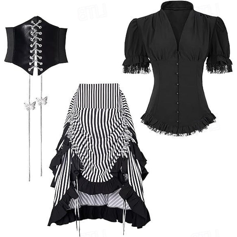 A-Line/Princess V-Neck Short Sleeves Asymmetrical Retro Vintage Steampunk Pirate Royal Halloween Carnival Party Dress
