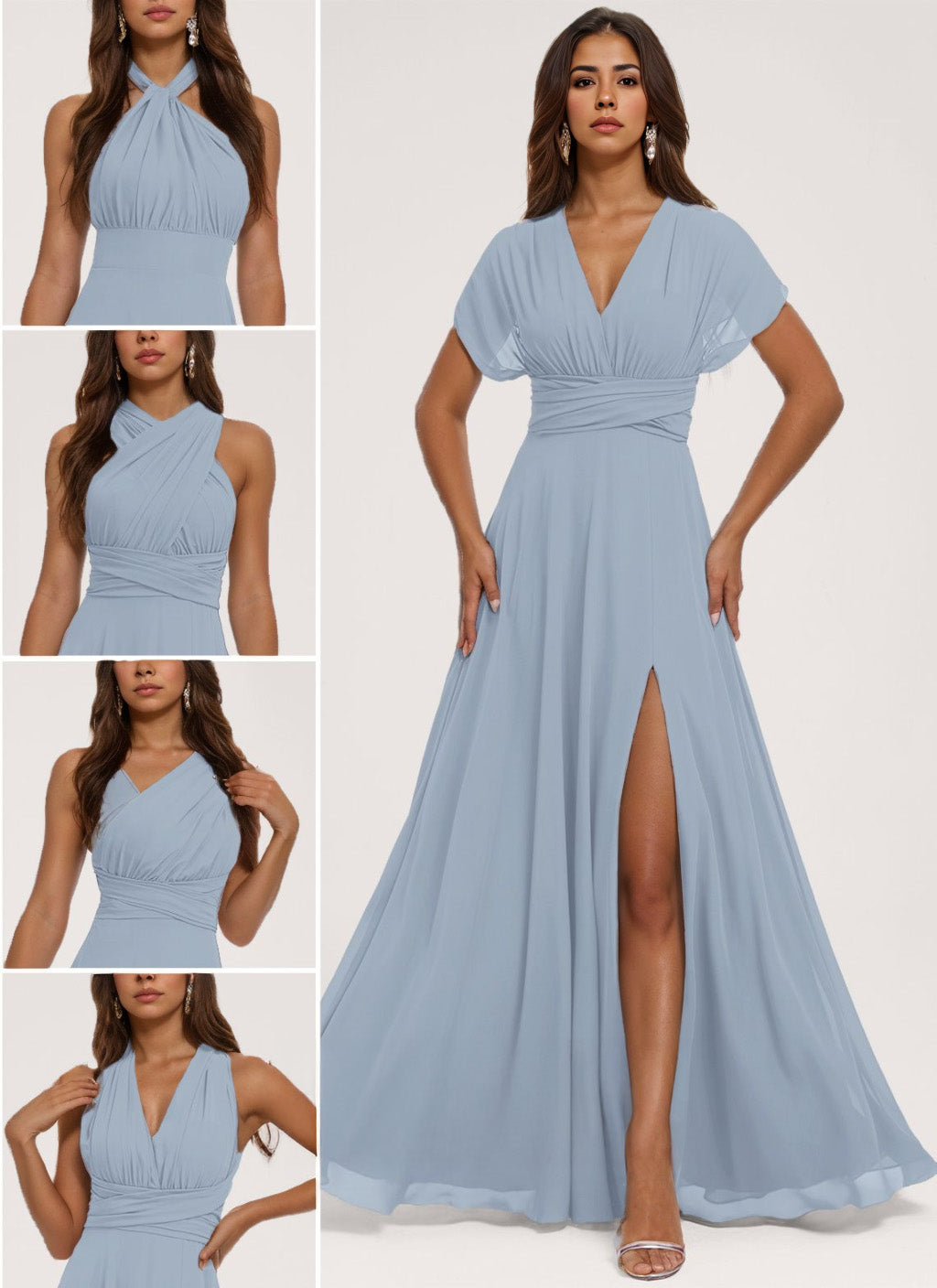 A-Line/Princess Halter One Shoulder V-Neck Floor-Length Chiffon Bridesmaid Dress