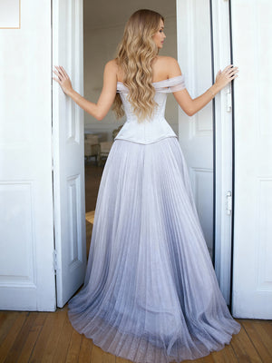 A-Line/Princess Tulle Long Prom Dresses Corset Sweetheart&One-Shoulder Sleeveless Floor-length With Back Zipper