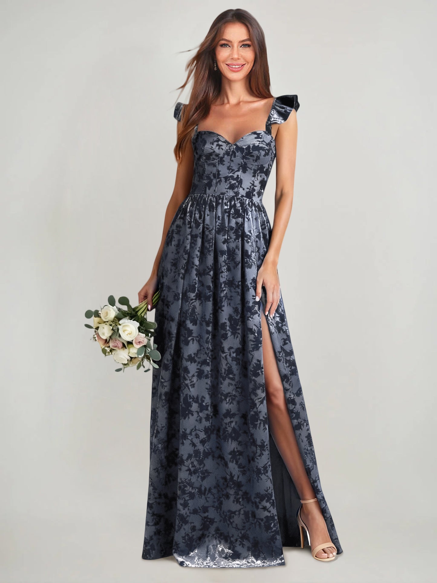 A-Line/Princess Velvet Wedding Guest Dress Flying Sleeves Floor Length Bridesmaid Dress With High Side Split&Pleats